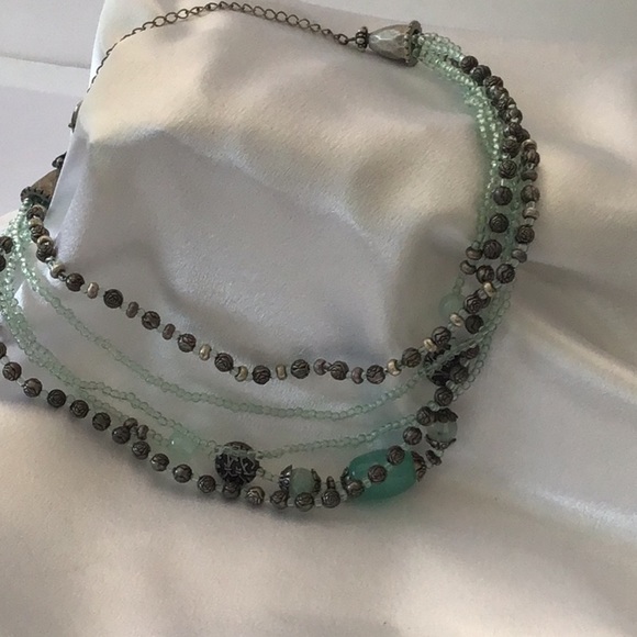 Premier Design burnished silver tone & aqua colored beads & stone neckla… - Picture 3 of 4